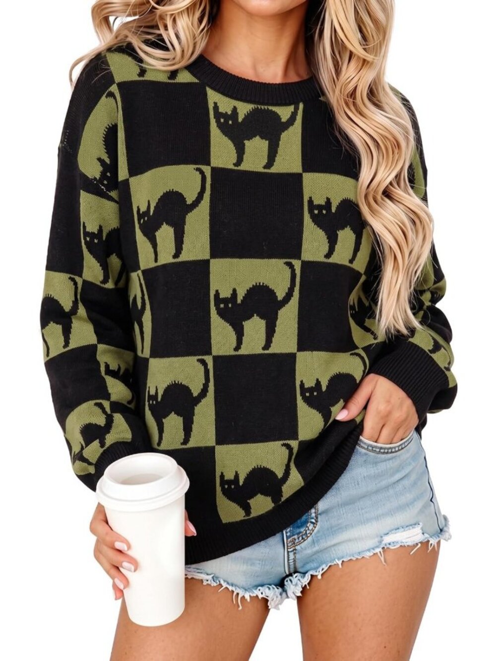 Halloween Sweaters for Women Ugly Halloween Black Cat Knit Pullover Tops